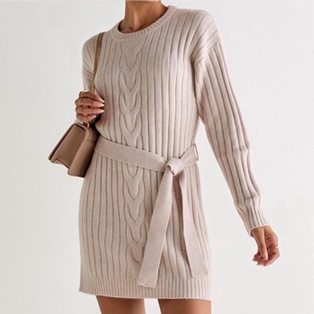 NWT Francesca’s Diane Cable Knit Tie Waist Dress - Picture 1 of 4